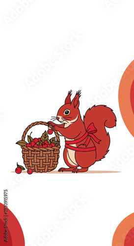 Whimsical Squirrel Gathering Berries In A Woven Basket