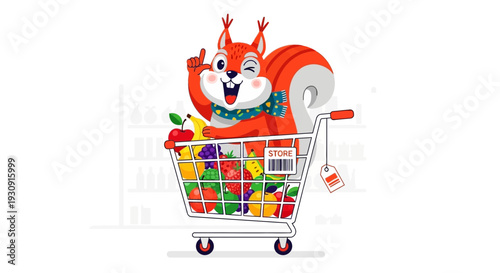 Whimsical Squirrel Navigates Full Shopping Cart Packed With Fresh Fruits