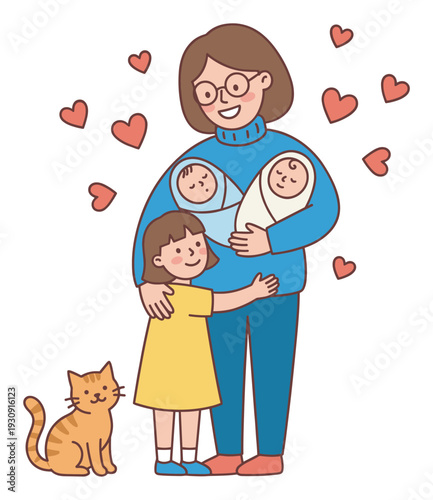 Happy family mother holding twin babies while daughter hugs her and a cat sits nearby with hearts floating around.