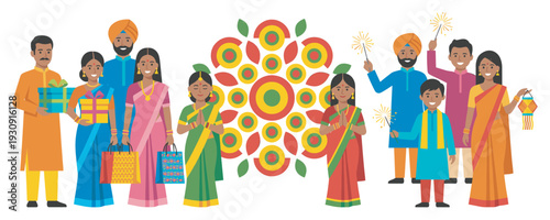 Indian family celebrating festival together with gifts, sparklers, and traditional decorations, embodying joy and cultural heritage.