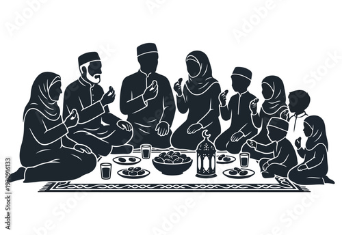 Minimalist Muslim Family Silhouette Sitting for Iftar Meal During Ramadan