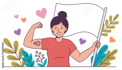 Smiling woman flexing her arm holding a blank flag surrounded by hearts and leaves, symbolizing strength, empowerment, and advocacy for gender equality.