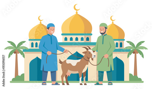 Two Muslim men prepare a goat for sacrifice in front of a mosque, celebrating the religious festival of Eid al-Adha.