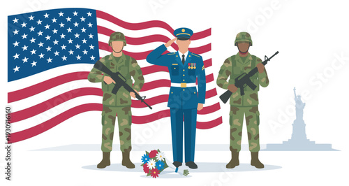 Military personnel stand proudly before the American flag, honoring service members with a patriotic bouquet of flowers.