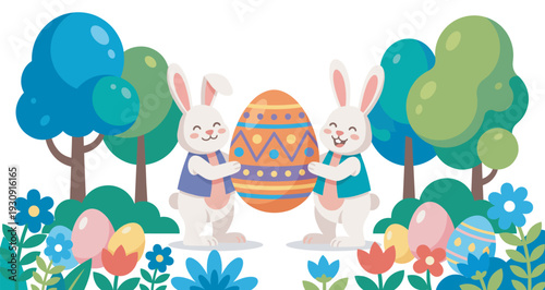 Two cute bunnies holding a large decorated Easter egg in a vibrant spring garden filled with colorful flowers and trees, celebrating the holiday.