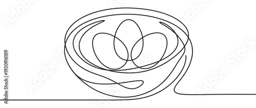 Bird's nest with three eggs drawn in a continuous line art style, symbolizing new life, family, and protection.