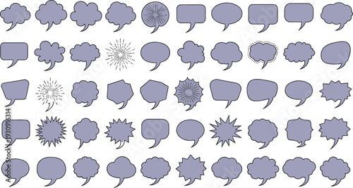 Purple comic speech bubbles, thought balloon icons, dialogue cloud shapes, cartoon communication design, graphic novel illustration elements