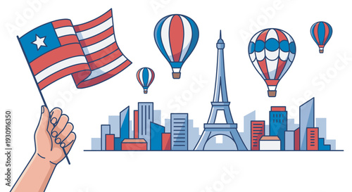 Hand holds a patriotic flag waving proudly above a vibrant stylized cityscape featuring colorful hot air balloons and a prominent tall tower.
