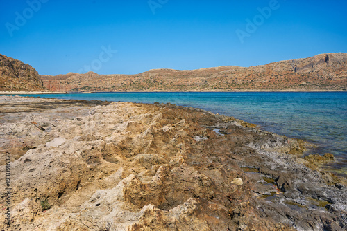 View of the Mediterranean rocky coastline. Greece Crete island Balos - mountain and blue sea.	