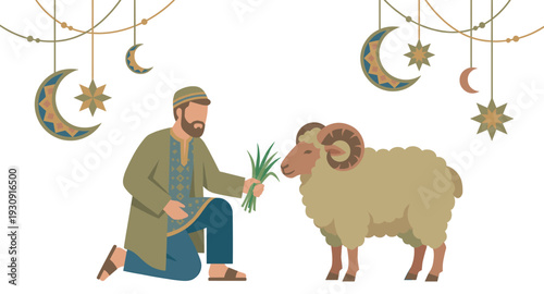 Devout Muslim man kneels to offer fresh green grass to a ram under festive crescent moon and star decorations.