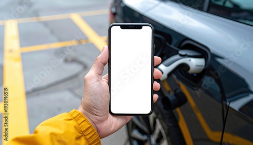 Hand holding smartphone with blank white screen in front of electric vehicle charging at station in parking lot
