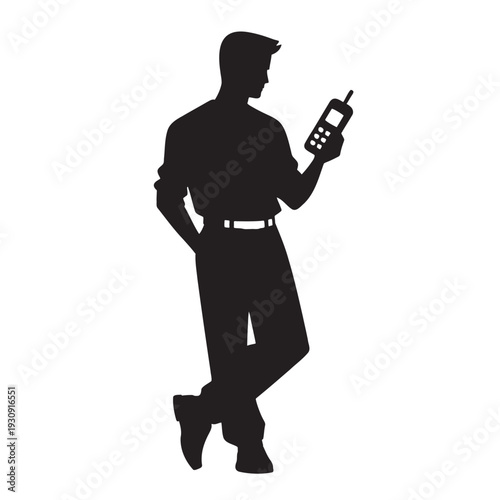 Man in Silhouette Using Old Mobile Phone, Retro Communication Technology, Vintage Cell Phone Icon