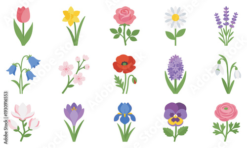 Various beautiful spring garden flowers illustrated in a flat design style, showcasing a vibrant collection of blooming plants.