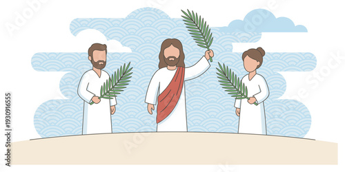 Biblical characters holding palm branches celebrating a significant religious event with devotion and reverence.