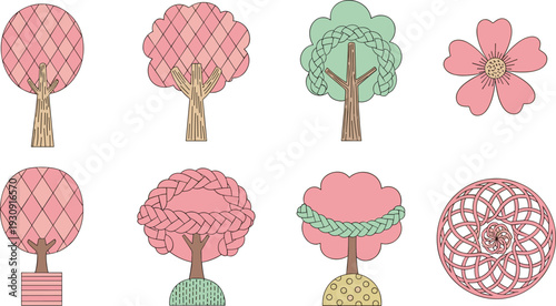 Decorative floral trees, pastel foliage, artistic design, whimsical nature, geometric pattern, braided motif, colorful illustration, creative decor