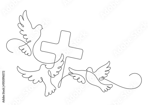 Three doves and cross. Continuous line drawing. Christianity religion concept.