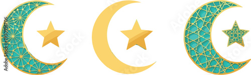 Islamic crescent moon star, golden mosaic, turquoise pattern, Muslim culture, Ramadan symbol, Eid celebration, religious icon, spiritual faith