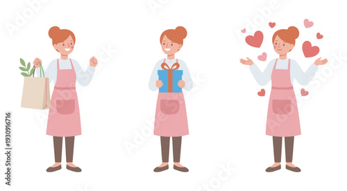 Friendly woman character performs various positive actions including shopping, giving gifts, and showing love.