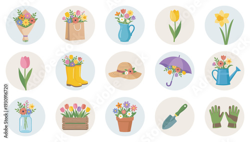 Beautiful spring flowers and gardening tools icons collection representing seasonal growth, outdoor activities, and nature's beauty.