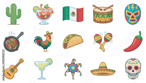 Mexican cultural icons and traditional food items are beautifully illustrated in a vibrant collection of cartoon-style vector graphics.