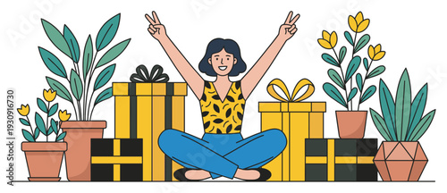 Happy woman raises her arms in victory, celebrating success and achievement, surrounded by numerous gift boxes and vibrant potted plants.