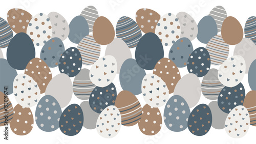 Easter eggs decorated with polka dots, stripes, and hearts create a festive seamless border pattern in pastel colors.