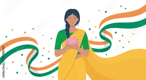 Indian woman holding a lotus flower gracefully stands amidst flowing ribbons and confetti, symbolizing national pride and cultural celebration.