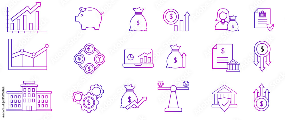 Fototapeta premium Business and finance icon set in outline style with gradient. Isolated on white background.