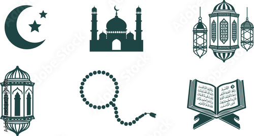 Islamic crescent moon star, mosque silhouette, Ramadan lanterns, Quran holy book, prayer beads, Muslim culture, religious icons