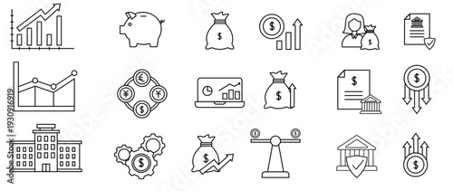 Business and finance icon set in outline style. Isolated on white background.