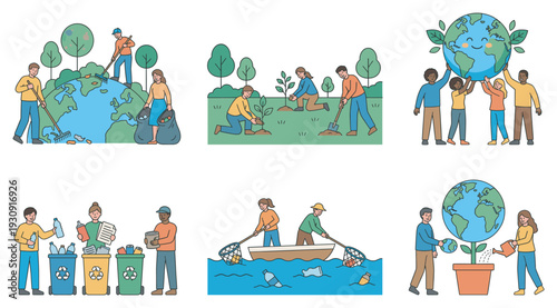 People are actively engaged in diverse environmental protection efforts, including planting trees, recycling, and cleaning the Earth.
