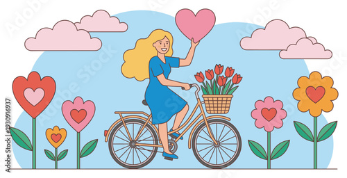 Happy woman rides bicycle carrying heart and flowers through a vibrant field of blooming love-themed blossoms under a cheerful sky.