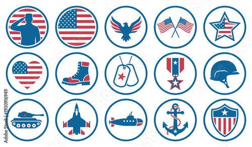 American military patriotic themed flat design icons representing various branches and symbols of national pride and service.