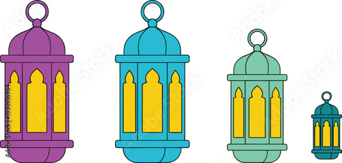 Colorful Ramadan lanterns, Islamic festive decor, Muslim culture, vibrant celebration, holy month, spiritual tradition, religious icons, festival lights