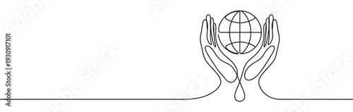 Human hands holding a stylized globe in continuous line art style symbolizing global care, protection, and environmental responsibility.