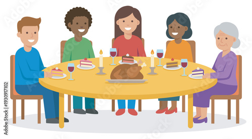 Diverse family members gather around a festive dining table for a holiday meal, enjoying delicious food and good company with happy smiles.