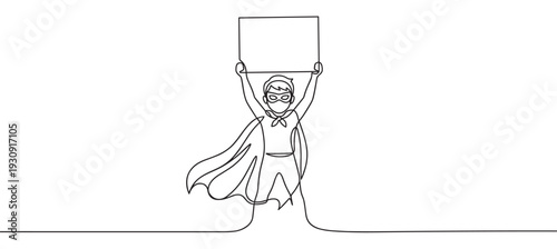 Courageous superhero person holds blank sign above head, prepared to convey a crucial message or inspiring idea.