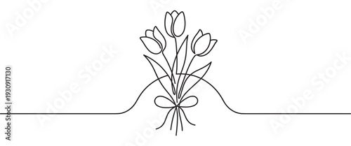 Tulips bouquet line art drawing with a delicate ribbon bow in a continuous minimalist style, symbolizing elegance and natural beauty.