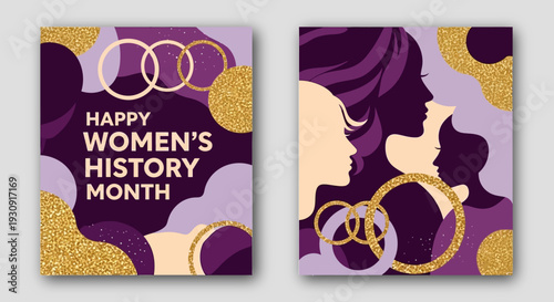 Happy Women s History Month Card with Diverse Silhouettes and Gold Accents Celebrating Female Power and Achievement