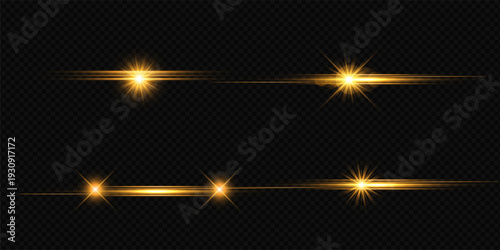 Glowing Golden Star Light Effect with Sparkle Rays and Lens Flare Illumination on Transparent Background
