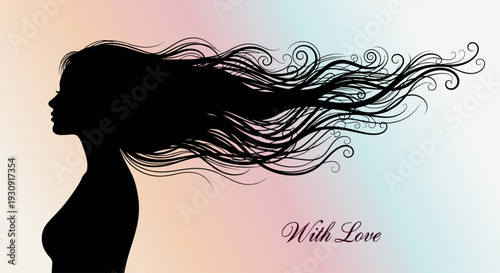 Silhouette of a Woman s Profile with Long Flowing Wavy Black Hair Blowing in the Wind Artistic Vector Illustration