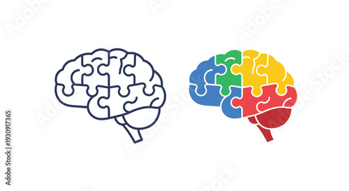Two puzzle brain illustrations one monochrome one colorful as a silhouette