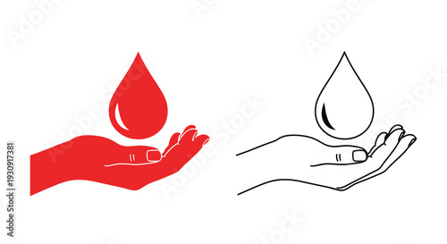 Red blood drop and water drop held in open hands silhouette