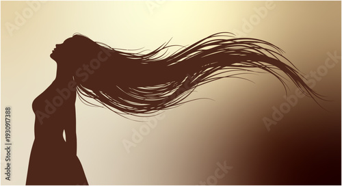 Silhouette of a Woman with Long Flowing Hair Blowing in the Wind Freedom and Movement Concept Golden Gradient Background