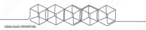 Continuous line drawing geometric shapes abstract design creates a modern minimalist pattern with interconnected cubic forms.