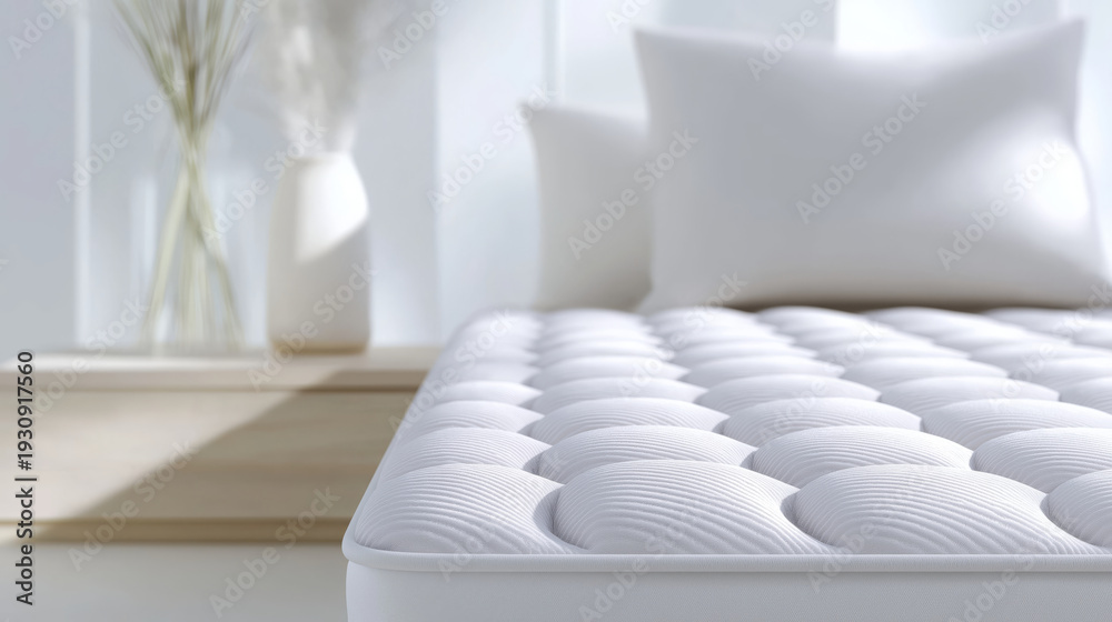 Obraz premium Comfortable white mattress with plush pillows and decorative vase in a bright, airy bedroom setting