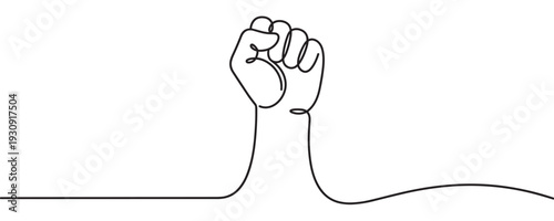 Raised fist one line drawing symbolizing power, unity, and the spirit of collective action for social change and justice.