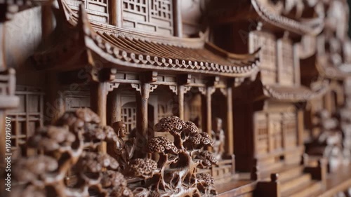 Wallpaper Mural Intricate wooden carving of traditional East Asian architecture and trees Torontodigital.ca