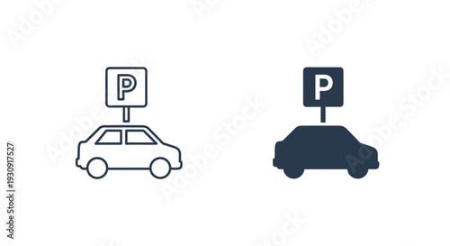 Parking sign and car depictions a line drawing and a silhouette