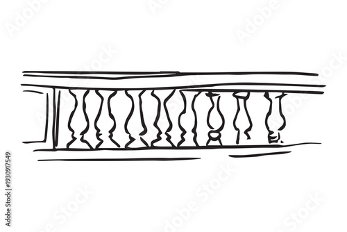 Hand drawn classical balustrade sketch, vintage stone railing with turned balusters, European architectural detail, terrace fence line art, black ink isolated on white